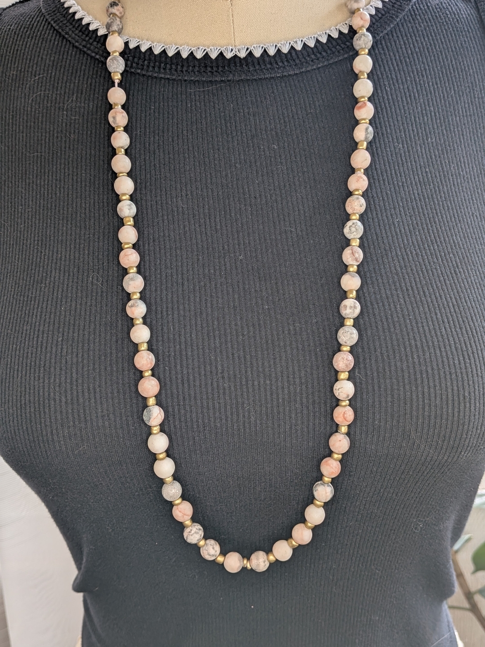 Natural Pink Zebra Jasper Gemstone Beaded Long Necklace Brass Accents
